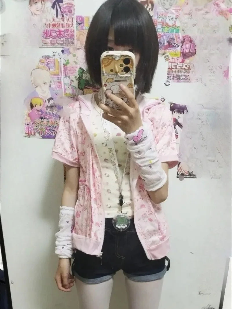 Japanese Kawaii Cartoon Printing Coat 2025 Women Caual Loose Cute Hooded Jacket Y2k Aesthetic Girls Sweet Grunge Summer Outwear