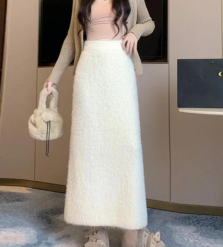 Autumn Winter 2024 New Black White Elegant Mink Long Skirt French Women Brown Elastic High Waist Vacation Party Knit Skirt Trend