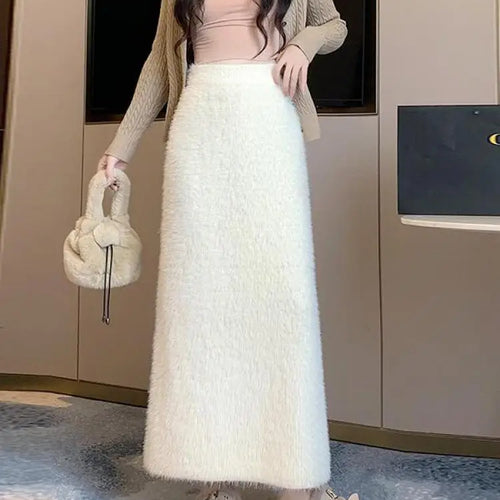 Load image into Gallery viewer, Autumn Winter 2024 New Black White Elegant Mink Long Skirt French Women Brown Elastic High Waist Vacation Party Knit Skirt Trend
