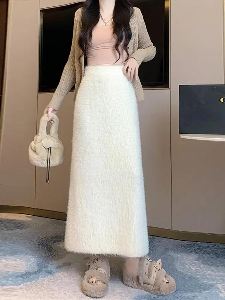 Autumn Winter 2024 New Black White Elegant Mink Long Skirt French Women Brown Elastic High Waist Vacation Party Knit Skirt Trend