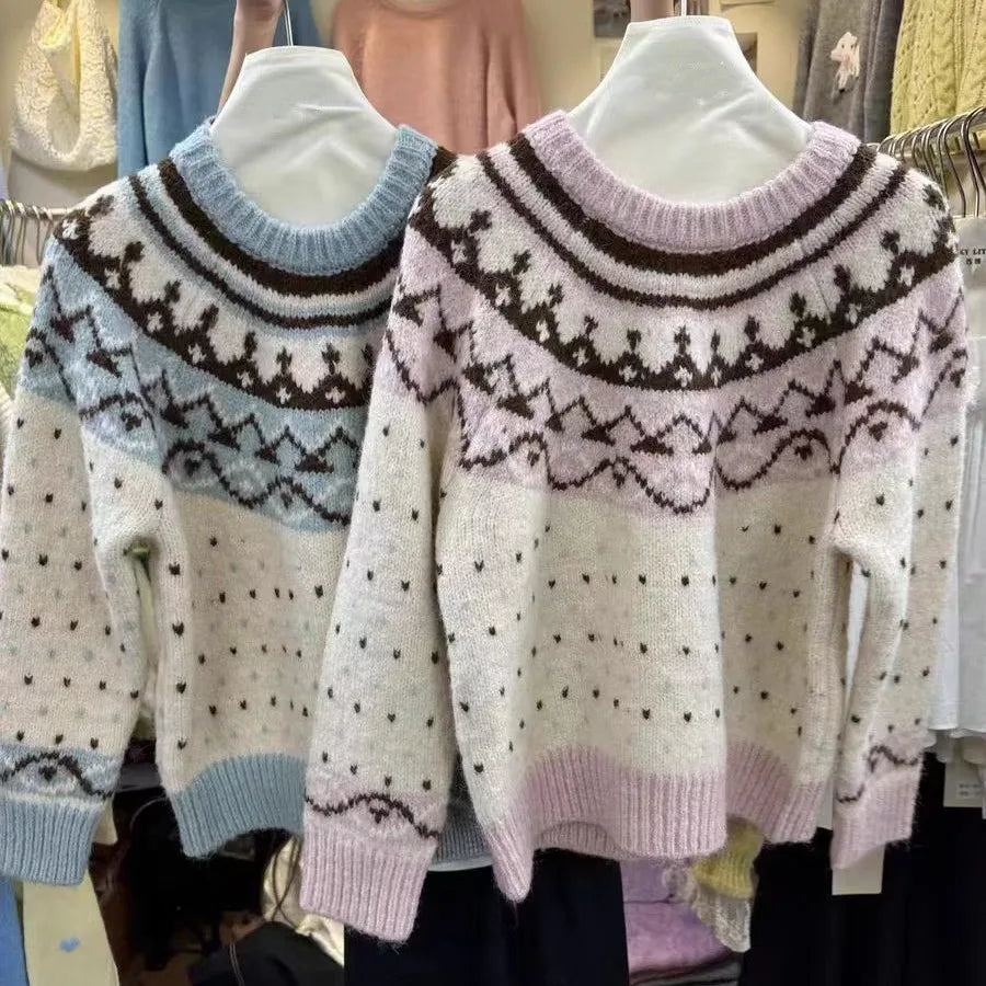 Vintage 2024 Women Pink Patchwork Elegant Knitted Sweater Autumn Winter Blue Long Sleeve Round Neck Pullover Tops Popular Trendy