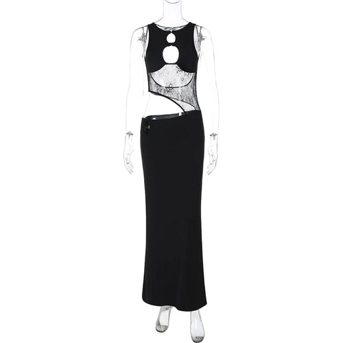 Load image into Gallery viewer, Hollow Out Sleeveless Sexy Maxi Dress For Women Black O Neck See Through Lace Backless Bodycon Club Long Dress Fashion

