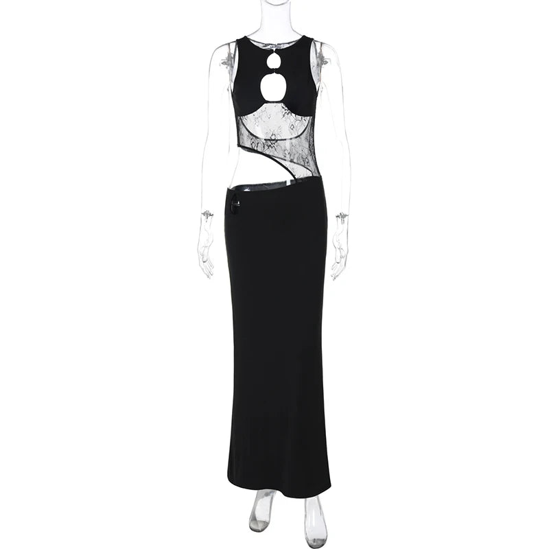 Hollow Out Sleeveless Sexy Maxi Dress For Women Black O Neck See Through Lace Backless Bodycon Club Long Dress Fashion