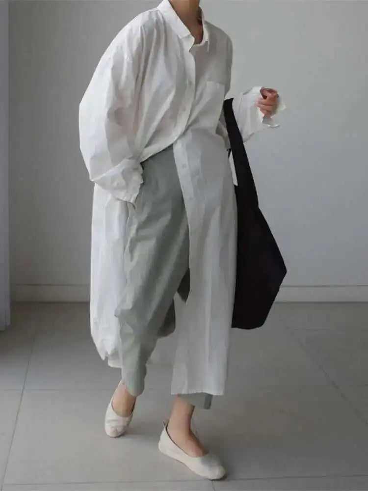 Women White Brief Long Big Size Blouse New Lapel Long Sleeve Loose Fit Shirt Fashion Tide Spring Autumn 2025 1DH0485