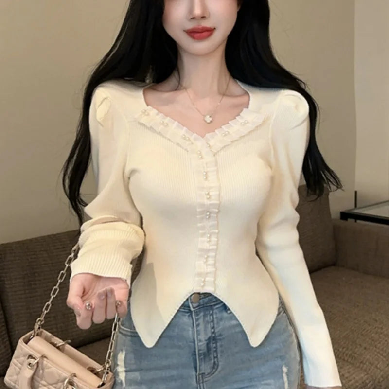 y2k Tops Women Coquette Clothing Solid Color V Neck Long Sleeve Knitted T Shirts 2000s Fairycore Clothes Streetwear