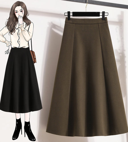 Autumn Winter Black Brown Oversized Woolen Long Skirt Women Fashion Korean Ladies Red High Waist Festival Pleated A-line Skirts
