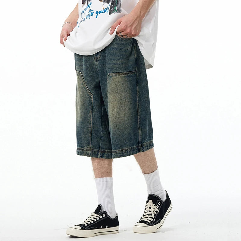 High Street Men's  Denim Shorts American Washed Solid Color Straight Leg Design Cropped Male Short Jeans 9W1469