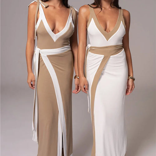 Load image into Gallery viewer, Patchwork Backless Sexy Maxi Dress  Women Fashion Spaghetti Strap V Neck Sleeveless High Split Sexy Long Dress Elegant
