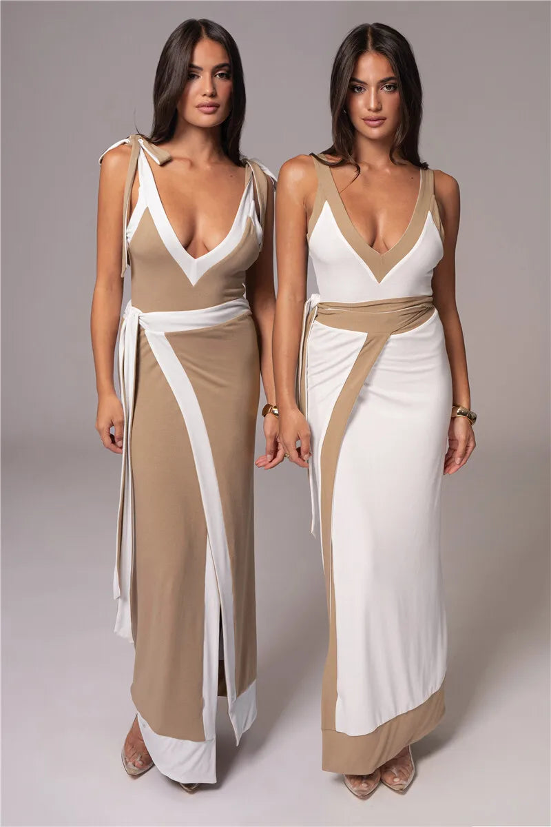 Patchwork Backless Sexy Maxi Dress  Women Fashion Spaghetti Strap V Neck Sleeveless High Split Sexy Long Dress Elegant