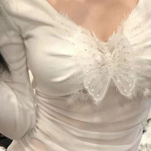 Load image into Gallery viewer, 2025 Y2k Aesthetic Vintage Butterfly Pearl Tees Streetwear Gauze Sexy Pleated Tshirts Women Harajuku Grunge Bottoming Crop Tops
