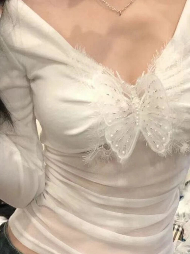 2025 Y2k Aesthetic Vintage Butterfly Pearl Tees Streetwear Gauze Sexy Pleated Tshirts Women Harajuku Grunge Bottoming Crop Tops