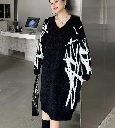 Women Black Pattern Thick Warm Big Size Sweater Dress New V-Neck Long Sleeve Fashion Tide Spring Autumn 2025 1DH8735