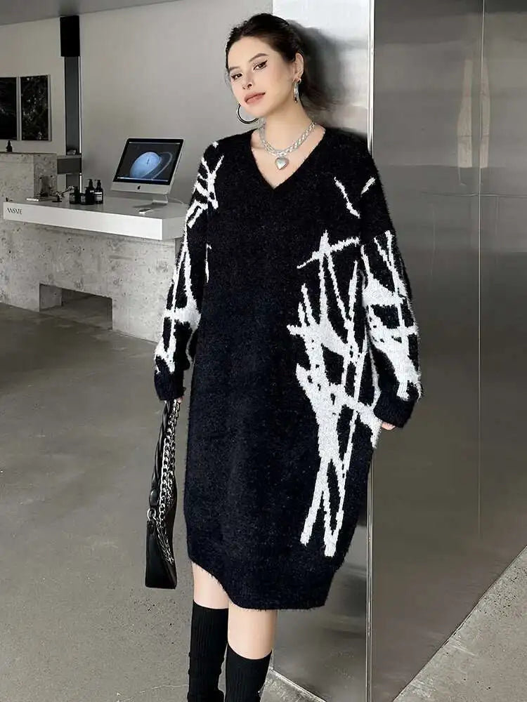 Women Black Pattern Thick Warm Big Size Sweater Dress New V-Neck Long Sleeve Fashion Tide Spring Autumn 2025 1DH8735