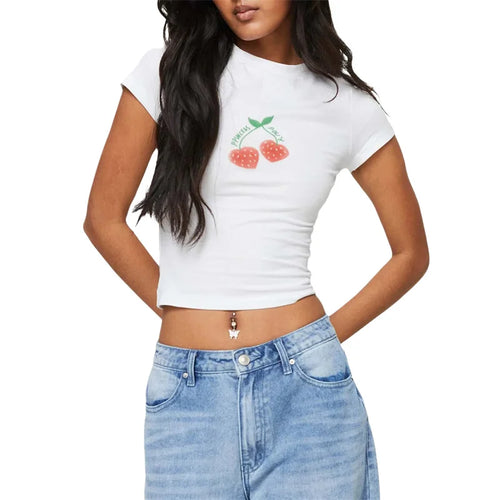 Load image into Gallery viewer, y2k Baby Tee Women Aesthetic Clothes Fruit/Wine Cup Print Round Neck Short Sleeve Crop Top Graphic T Shirt Streetwear
