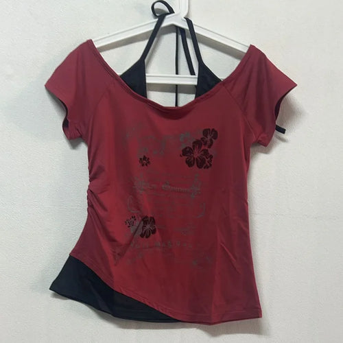 Load image into Gallery viewer, Summer Fake Two Pieces Halter Bandage Vintage T-shirts Y2k Aesthetic Slim Crop Tops Women Grunge Print Harajuku Casual Sexy Tee
