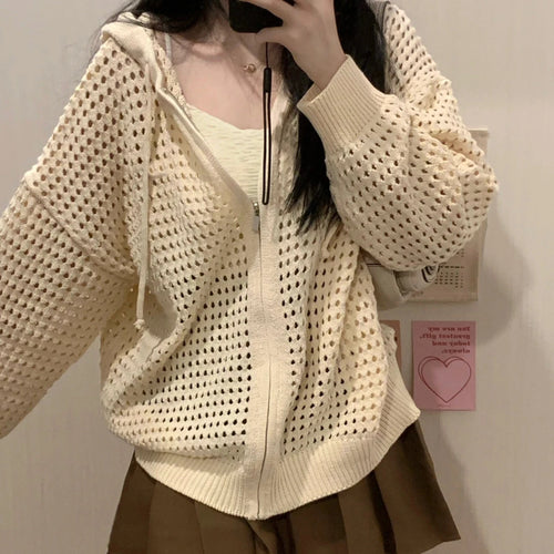 Load image into Gallery viewer, 2025 Summer Y2k Aesthetic Women Cardigan Hollow Out Hooded Loose Knitted  Harajuku Casual Grunge Long Sleeve Zipper Tops
