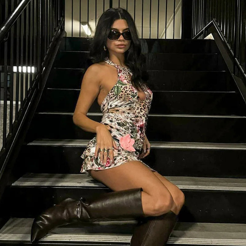 Hollow Out Halter Print Mini Dress For Women Robe Fashion Sleeveless Backless High Waist Ruffled Club Party Dress