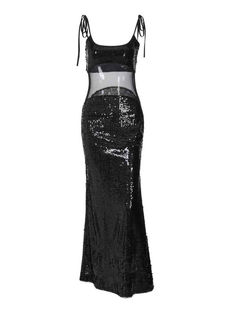 Sexy Lace Patchwork Sequins Bodycon Party Club Evening Dress Women 2025 Spring/Summer New Perspective Slim Vestido