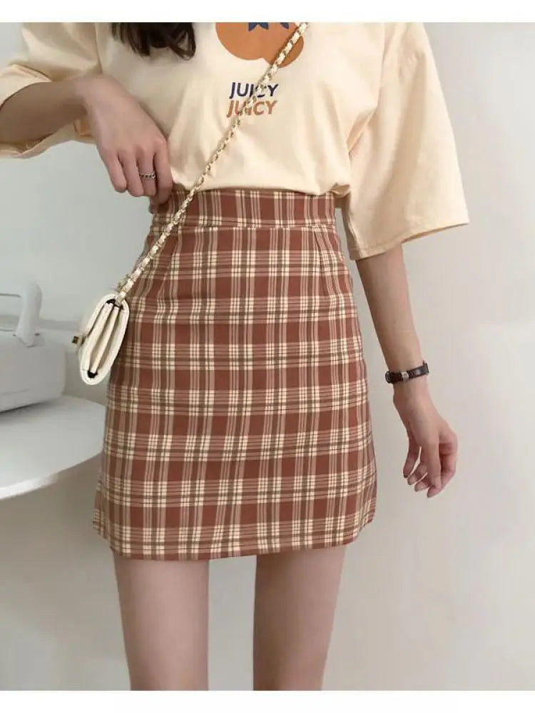 Autumn Korean Vintage Plaid Zipper A-line Short Skirt New Women Elegant High Waist Sexy Club Vacation Party Mini Half Skirt Chic