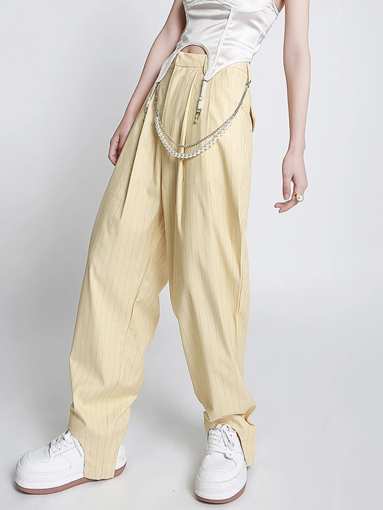 Striped Wide Leg Pants Women High Waist Irregular Cuff Long Trousers Women Casual Clothes Spring Fashion