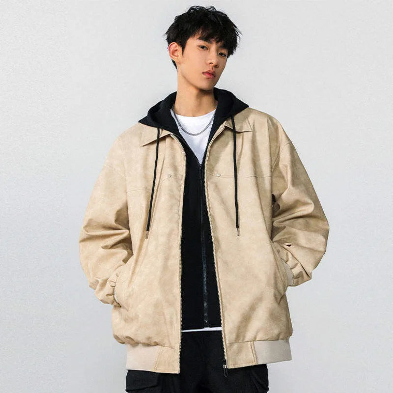 Men Jacket Spring New High Street Contrast Color Fake Two Pieces Hooded Drawstring Solid Color Jackets American Coat 9W1237