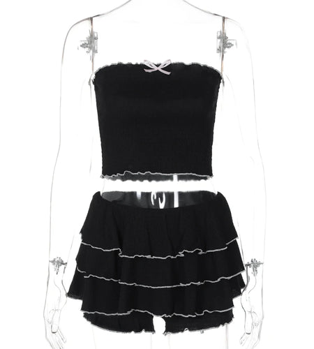 Fashion 2 Pcs Sets Black Bow Strapless Sexy Crop Tank Top Pleated Skirts Summer Women Y2K Clothes Birthday Party Festiv