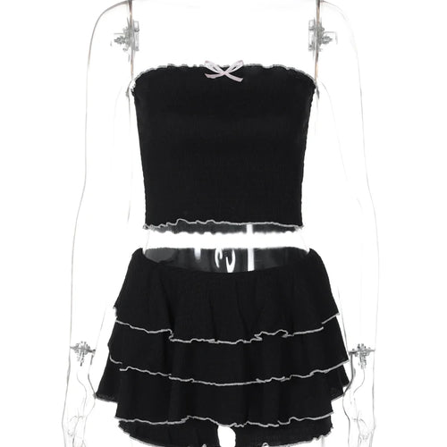 Load image into Gallery viewer, Fashion 2 Pcs Sets Black Bow Strapless Sexy Crop Tank Top Pleated Skirts Summer Women Y2K Clothes Birthday Party Festiv
