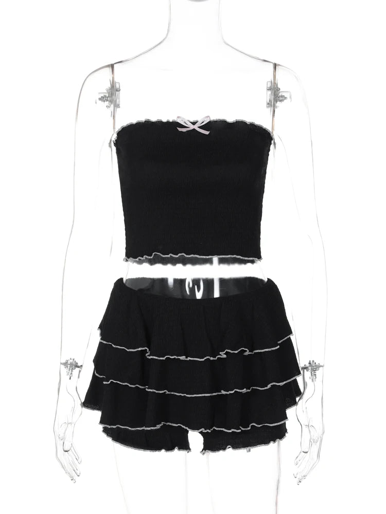 Fashion 2 Pcs Sets Black Bow Strapless Sexy Crop Tank Top Pleated Skirts Summer Women Y2K Clothes Birthday Party Festiv