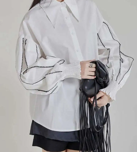 Women White Color-block Elegant Blouse New Lapel Long Lantern Sleeve Shirt Fashion Tide Spring Autumn 2025 1DH9890