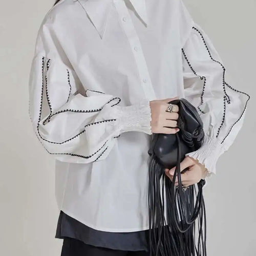 Load image into Gallery viewer, Women White Color-block Elegant Blouse New Lapel Long Lantern Sleeve Shirt Fashion Tide Spring Autumn 2025 1DH9890
