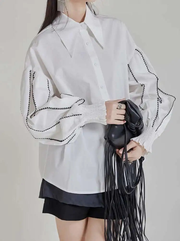 Women White Color-block Elegant Blouse New Lapel Long Lantern Sleeve Shirt Fashion Tide Spring Autumn 2025 1DH9890