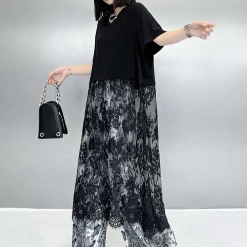 Load image into Gallery viewer, Women Black Hem Lace Perspective Big Size Midi Dress New Round Neck Short Sleeve Fashion Tide Spring Summer 2025 1DH6140
