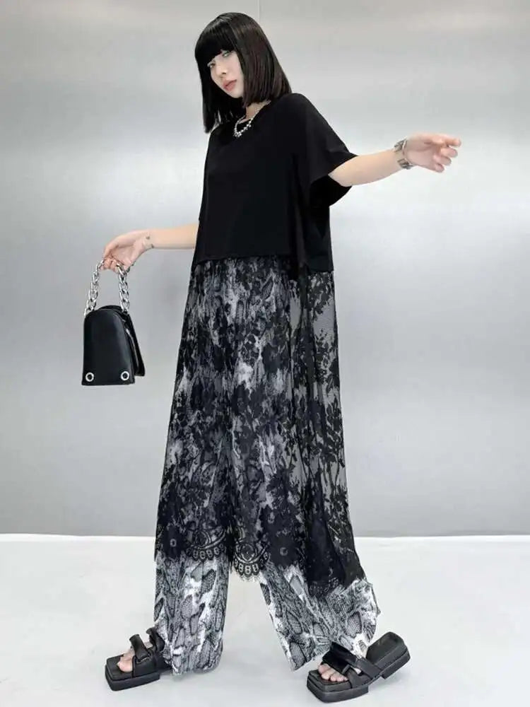Women Black Hem Lace Perspective Big Size Midi Dress New Round Neck Short Sleeve Fashion Tide Spring Summer 2025 1DH6140