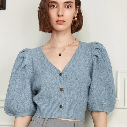 Load image into Gallery viewer, Minimalist Solid Knitting Cardigans For Women V Neck Puff Sleeve Single Breasted Slim Sweaters Female Fashion
