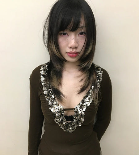 Japanese Y2k V-neck Sequin Tops Trashy 2000s Style Sxey Long Sleeve T-shirt Vintage Harajuku Slim Tops American Retro