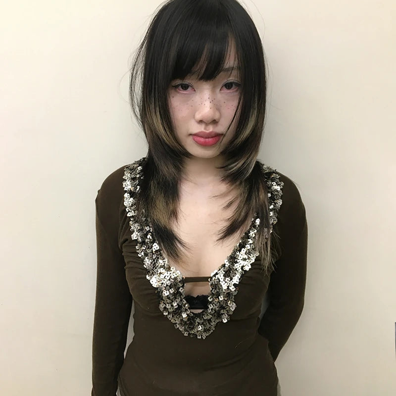 Japanese Y2k V-neck Sequin Tops Trashy 2000s Style Sxey Long Sleeve T-shirt Vintage Harajuku Slim Tops American Retro