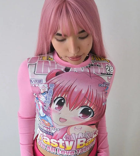 Harajuku Rose Red Grunge Crop Top Japanese Cartoon Printing Goth Women T Shirt  Y2k Aesthetic Casual Bottoming Streetwear Tees