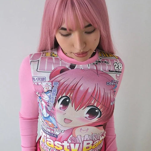 Load image into Gallery viewer, Harajuku Rose Red Grunge Crop Top Japanese Cartoon Printing Goth Women T Shirt  Y2k Aesthetic Casual Bottoming Streetwear Tees
