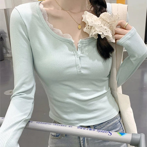 Load image into Gallery viewer, Fake Two Pieces Sweet Lace Patchwork Women T-shirt Slim Y2k Aesthetic Bottoming Crop Top Harajuku Single Breasted Grunge Tees
