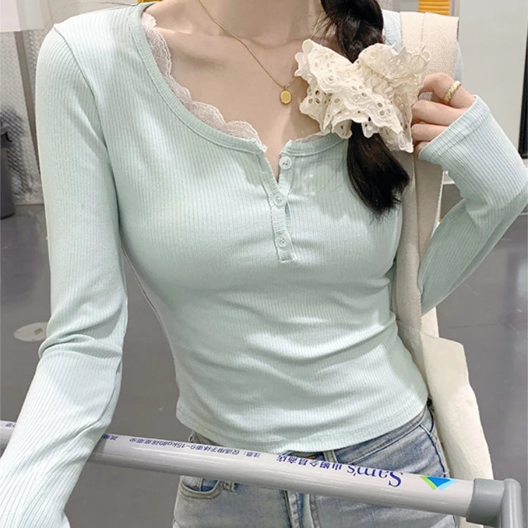 Fake Two Pieces Sweet Lace Patchwork Women T-shirt Slim Y2k Aesthetic Bottoming Crop Top Harajuku Single Breasted Grunge Tees