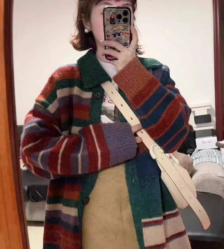 Japanese Oversize Grunge Casual Cardigans Y2k Aesthetic Contrast Color Stripe Coats Women Autumn Single Breasted Long Sweater