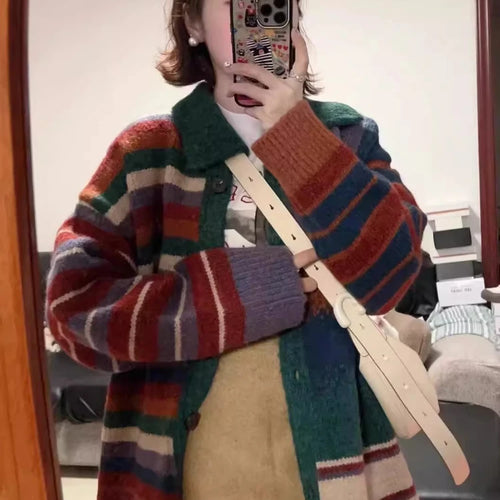 Load image into Gallery viewer, Japanese Oversize Grunge Casual Cardigans Y2k Aesthetic Contrast Color Stripe Coats Women Autumn Single Breasted Long Sweater
