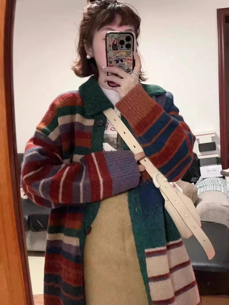 Japanese Oversize Grunge Casual Cardigans Y2k Aesthetic Contrast Color Stripe Coats Women Autumn Single Breasted Long Sweater