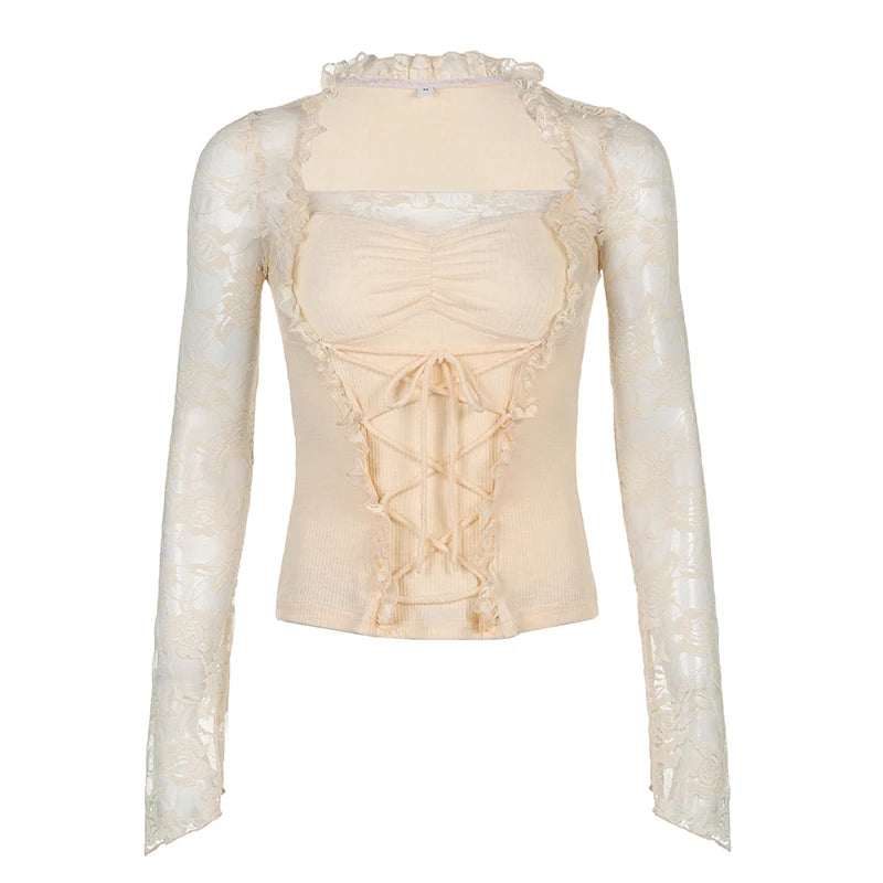 Chic Korean Autumn T shirt Female Cute Lace Spliced Fashon Tops Coquette Clothes Ruched Tie Up Slim Transparent Tees