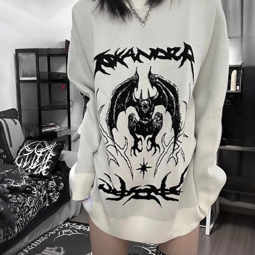 Load image into Gallery viewer, Oversized Harajuku Grunge Cartoon Jacquard Sweaters Streetwear Vintage Punk Jumpers Women Y2k Aesthetic White Casual Pullovers
