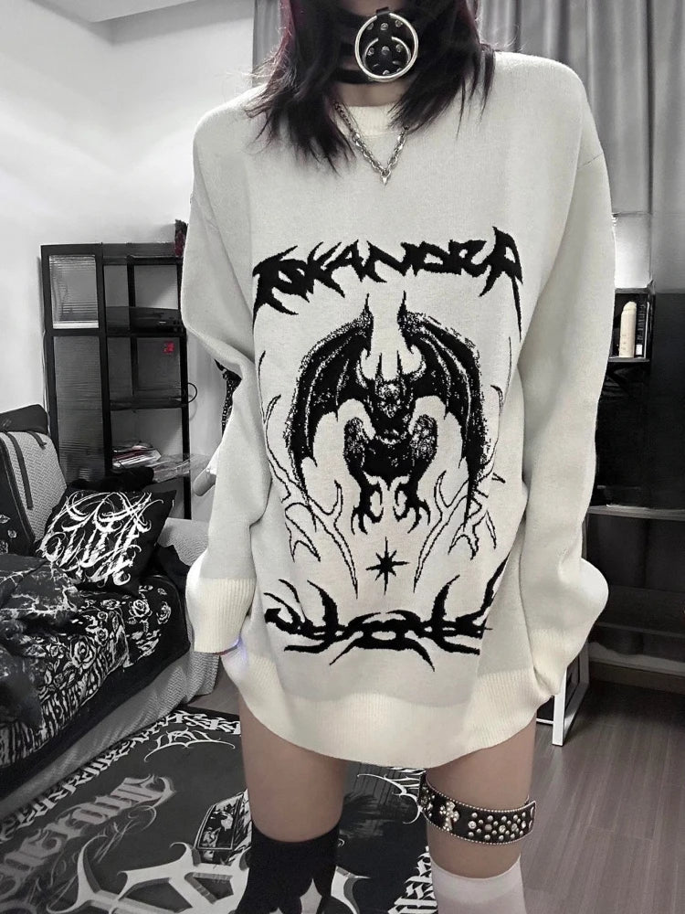 Oversized Harajuku Grunge Cartoon Jacquard Sweaters Streetwear Vintage Punk Jumpers Women Y2k Aesthetic White Casual Pullovers