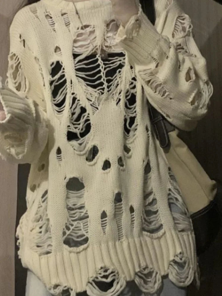 Spring Y2k Aesthetic Holes Hollow Out Womens Sweater Grunge Loose Cardigan Mujer Fashion Harajuku Streetwear Casual Pull Femme
