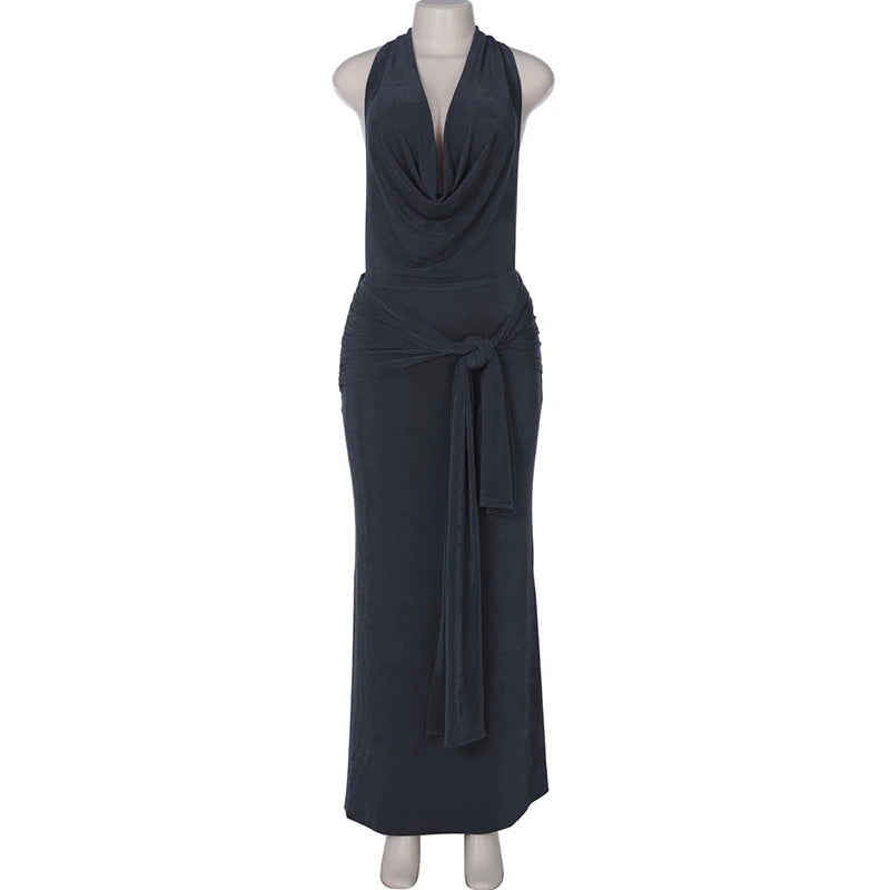 Deep V Neck Backless Sexy Maxi Dress For Women Elegant Hollow Out Bandage Sleeveless Bodycon Club Long Dress Fashion