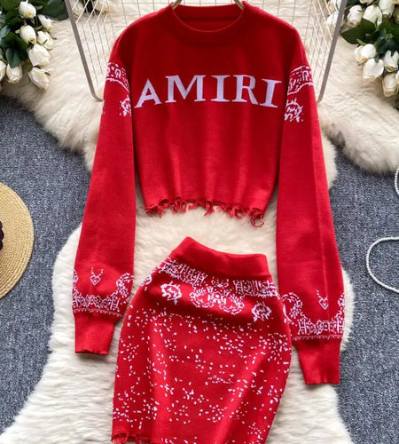 Autumn Winter Women Green Red Patchwork Long Sleeve Knitted Pullover Sweater Tops And High Waist Short Skirt Two Pieces Set Chic