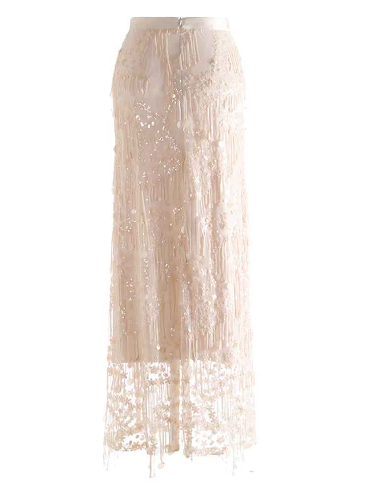 High Elastic Waist Black Sequins Tassels Elegant Long Half-body Skirt Women Fashion Tide New Spring Autumn 2025 1DJ0650